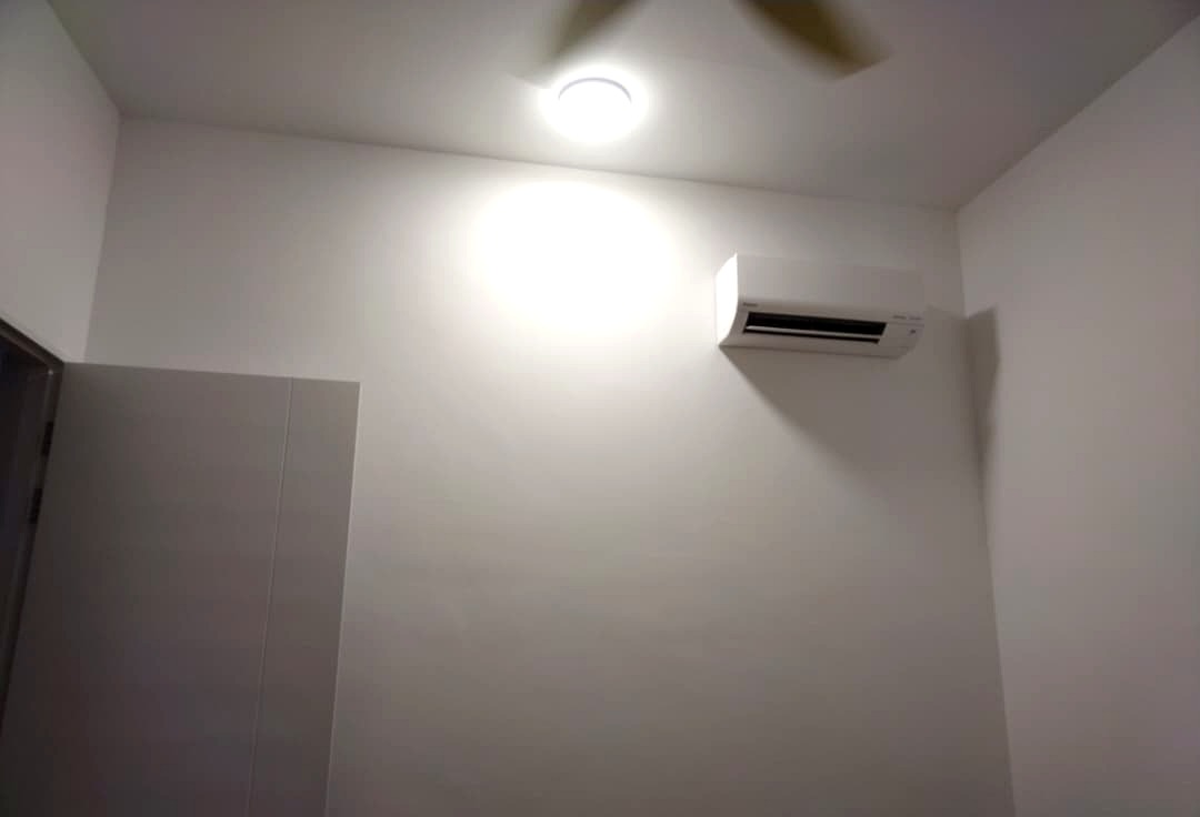 Daikin indoor air-conditioning unit installed, evening lighting
